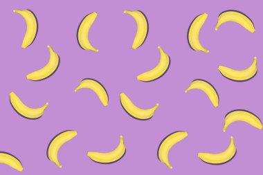 Yaz kavramı. Mor arka planda taze sarı muzların renkli meyve desenleri. Üst görünüm