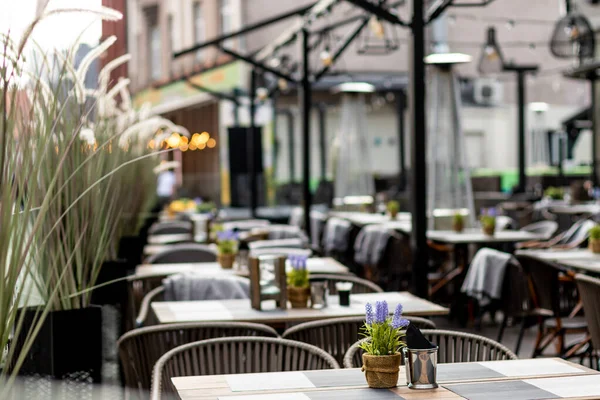 Tavolo Legno Con Tovaglioli Condimenti Ristorante Rustico Completamente Vuoto Con — Foto Stock