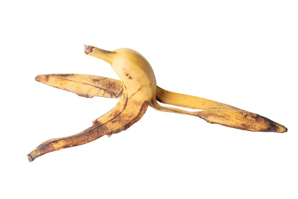 Gele Zwarte Rijpe Bananenhuid Bananenschil Een Witte Achtergrond Uitzicht Van — Stockfoto