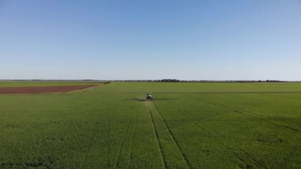 Landmaschinen versprühen Insektizid auf die grüne Wiese, landwirtschaftliche natürliche saisonale Frühjahrsarbeiten. — Stockvideo