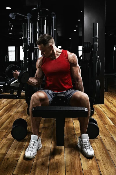 Young sports athlete fitness model in the gym shakes his biceps with dumbbells. Sports motivation, low key, high contrast. The concept of a healthy lifestyle, life movement, copy space.