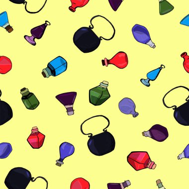 Çizgi film simya mataraları kusursuz desen. Parlak renkler fantezi deseni.