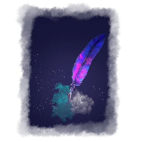 在深蓝色背景的魔法灯光下的羽毛 神奇的例证 幻想风格设计的艺术元素 — 图库照片#