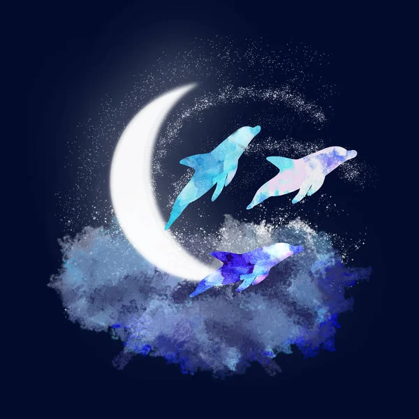 Tre Delfini Chiaro Luna Nuvole Stelle Onde Marine Spruzzi Luna — Foto Stock