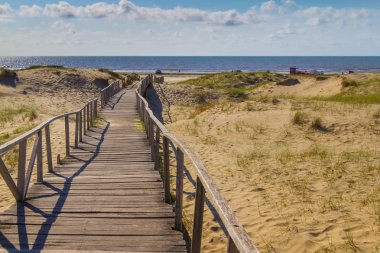 Ahşap köprü dunes, bitki örtüsü ve okyanus CA arka planda üzerinde