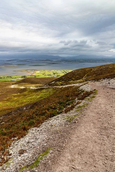 Batı ile Croagh Patrick dağında patika, kaya ve bitki örtüsü