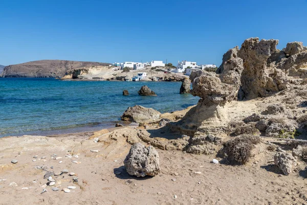 Houses Rocks Sand Pachena Beach Milos Greece — Stock Photo, Image