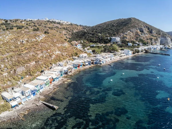 Aerial View Houses Cliffs Klima Beach Krypti Village Background Milos — Stock Photo, Image