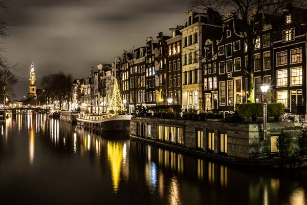 Luzes Noturnas Canal Bicicletas Amsterdan Nederlands — Fotografia de Stock