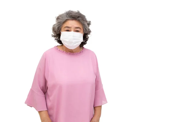 Azjatycka Starsza Kobieta Masce Ochronnej Chorobę Zakaźną Covid Izolowana Białym — Zdjęcie stockowe
