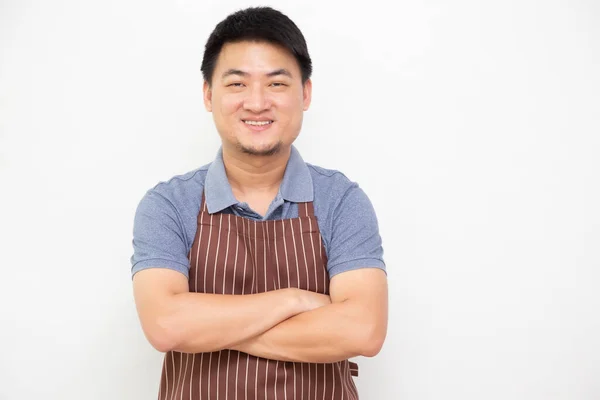 Portrait Travailleurs Asiatiques Marché Frais Avec Tablier Brun Debout Avec — Photo