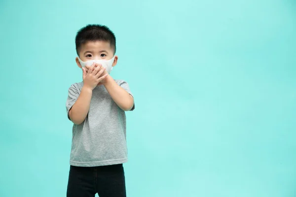 Asian Baby Boy Wearing Protective Face Mask Plague Coronavirus Covid — Stock Photo, Image