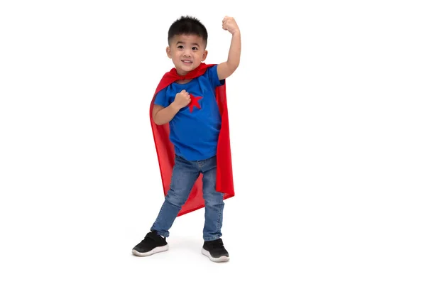 Asian Boy Funny Little Power Hero Isolated White Background Superhero — Stock Photo, Image