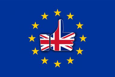 Gölge Avrupa Birliği bayrağı ile Büyük Britanya bayrağı başparmak yukarıya. Brexit veya İngiltere çıkış sembolü