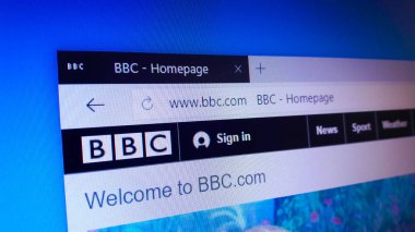 Minsk, Beyaz Rusya - 25 Nisan 2018: British Broadcasting Corporation (Bbc), bir İngiliz kamu hizmeti yayın kuruluşu için resmi web sitesi ana sayfası.