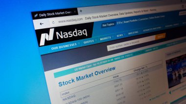 Minsk, Beyaz Rusya - 17 Nisan 2018: Bir Amerikan Menkul Kıymetler Borsası Nasdaq stock market resmi web sitesi ana sayfası