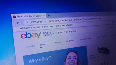 Minsk, Beyaz Rusya - 17 Nisan 2018: Ebay Inc, bir çok uluslu e-ticaret şirket için resmi web sitesi ana sayfası