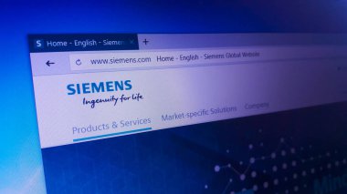 Minsk, Beyaz Rusya - 17 Nisan 2018: Siemens Ag, Alman konglomera şirketi ve Avrupa'nın en büyük sanayi üretim şirketi için resmi web sitesi ana sayfası