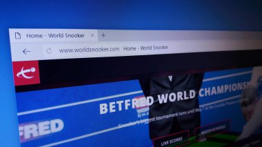 Minsk, Beyaz Rusya - 23 Nisan 2018: Betfred Dünya Snooker Şampiyonası, önde gelen için resmi web sitesi ana turnuva prestij açısından snooker ve para ödülü