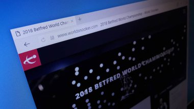 Minsk, Beyaz Rusya - 23 Nisan 2018: Resmi web sitesi için 2018 Betfred Dünya Snooker Şampiyonası, önde gelen ana turnuva prestij açısından snooker ve para ödülü