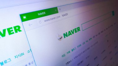 Minsk, Beyaz Rusya - 28 Nisan 2018: Naver, Güney Koreli bir online platform Naver Corporation tarafından işletilen için resmi web sitesi ana sayfası.