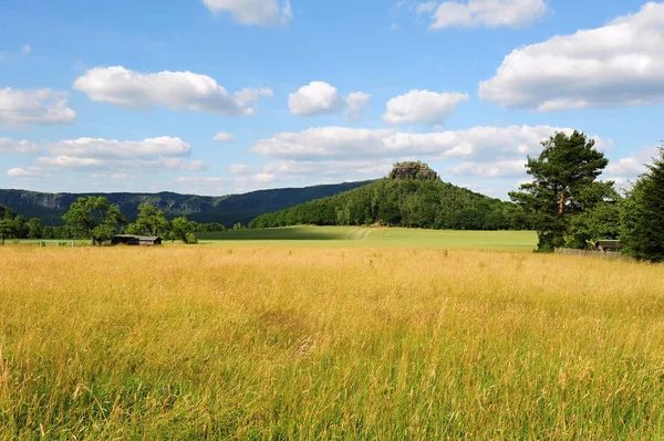 Sommerlandschaft mit Wäldern, Wiesen, Felsen und Himmel — Stockfoto