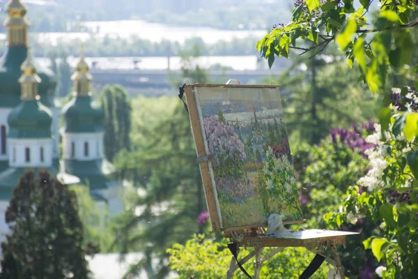 Malerbild Frühling Garten Kirche Hintergrund — Stockfoto