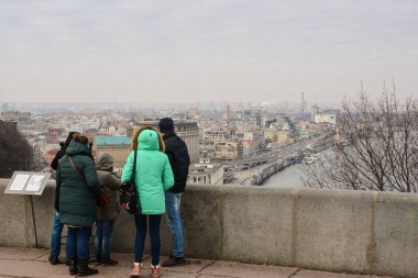 Kyiv, Ukraine 2020 - People at Viewpoint near the New Pedestrian Cycling Bridge looking at the City