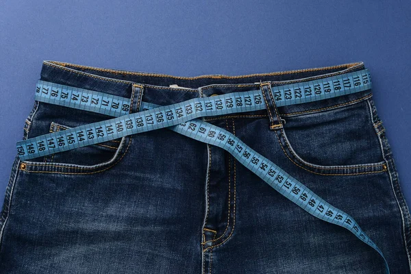 Jeans Measuring Tape Concept Sliming Women Diet — Stock Photo, Image