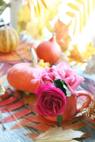 Autumn Composition Pumpkins Fresh Roses Cup Leaves Windowsill Thanksgiving Greetings — Stock Photo, Image