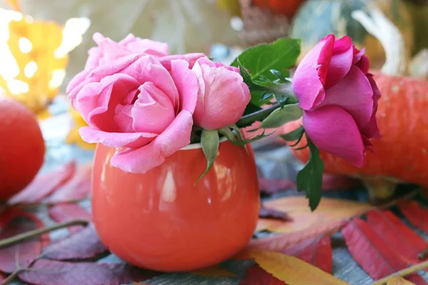 Autumn Composition Pumpkins Fresh Roses Cup Leaves Windowsill Thanksgiving Greetings — Stock Photo, Image