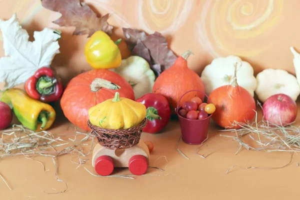 Decorative Composition Toy Car Pumpkins Autumn Vegetables Fruits Flowers Leaves — Stock Photo, Image