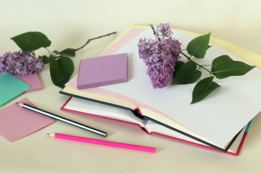 Kitapları, kağıtları, kalemleri, masada leylak çiçekleri dallarını aç, kitap oku ve düşüncelerini yaz.