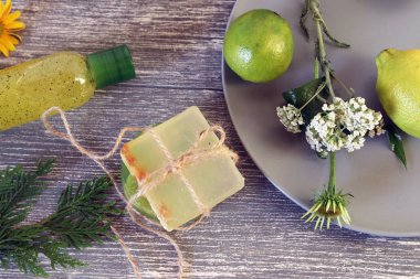 Doğal sabun, limon ve limon, banyo hazırlığı için taze ilaç bitkileri, cilt bakımı, mevsimsel kaplıca tedavileri