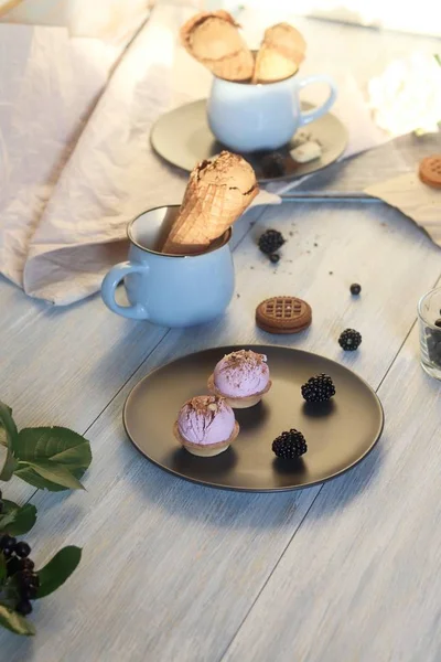 Chocolate Ice Cream Waffle Cones Cookies Berries Wooden Table Sweet — Stock Photo, Image