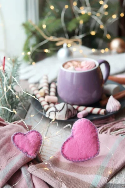 Cup Coffee Meringues Dessert Plate Decor Hearts Windowsill Concept Home — Stock Photo, Image