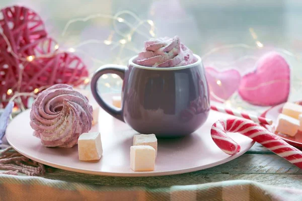 Cup Coffee Meringues Marshmallows Turkish Delight Plate Hearts Illumination Background — Stock Photo, Image