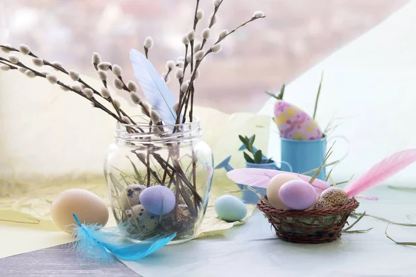 Easter Decoration Eggs Pussy Willow Branches Wooden Surface Window Background — 스톡 사진