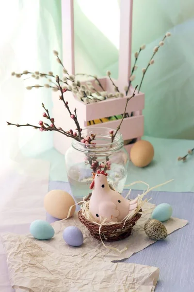 Happy Easter Colored Eggs Toy Chicken Pussy Willow Cherry Twigs — 스톡 사진