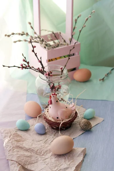 Happy Easter Colored Eggs Toy Chicken Pussy Willow Cherry Twigs — 스톡 사진