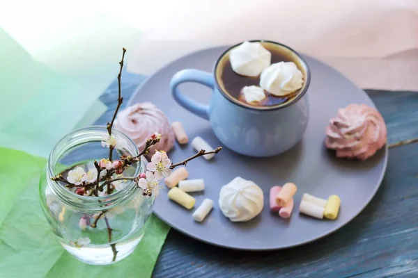 Cup Coffee Meringues Bouquet Flowering Branches Cherry Tree Windowsill Spring — Stock Photo, Image