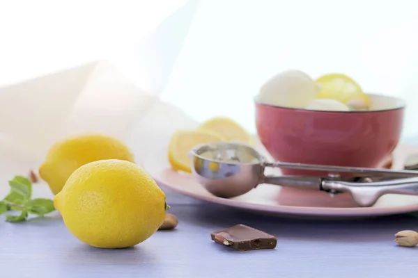 Natural Ice Cream Lemons Wooden Table Homemade Dessert Healthy Food — Stock Photo, Image