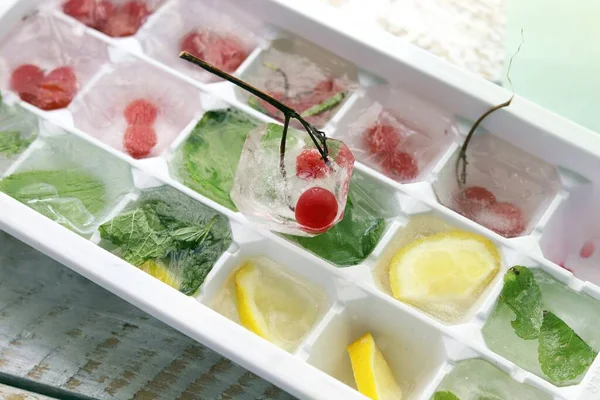 Ice Cubes Mint Lemon Red Berries Tray Making Drinks Dessert — Stock Photo, Image