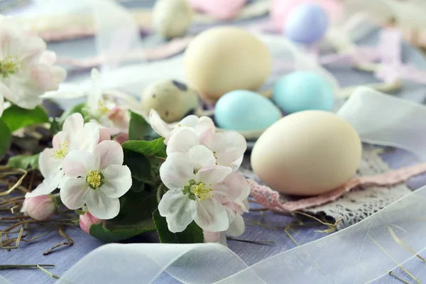 Eggs Easter Decoration Apple Tree Flowers Wooden Surface Window Background — Stock Photo, Image