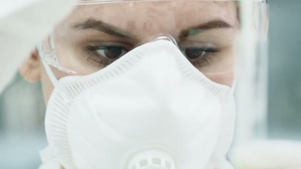 Mujer trabajando en laboratorio con reactivos en tubo — Vídeos de Stock
