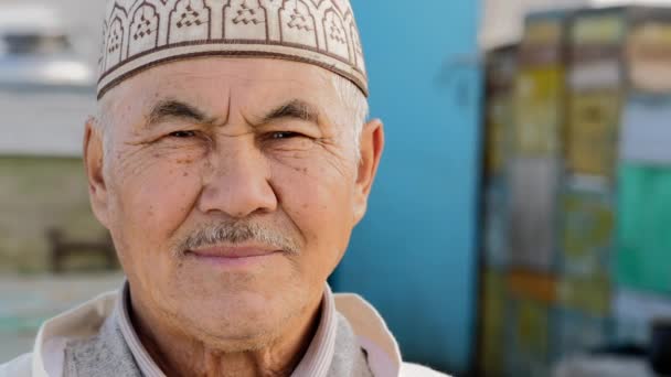 亚洲老人面容画像，老人笑容满面或老人家坐在户外围裙上 — 图库视频影像