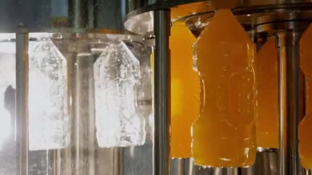 Automatische sterilisatie flessen en bottelvloeistof op transportband lijn van de fabriek — Stockvideo