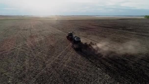 Industry farmland aerial view of rural work on land field by agriculture machine — Αρχείο Βίντεο