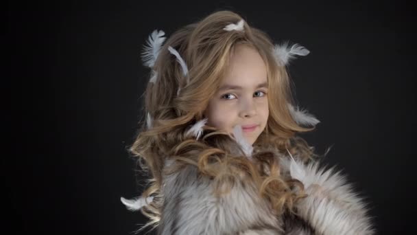 Portrait of little smiling beauty fashion girl, child, kid stylish model poses — Wideo stockowe