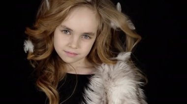 Portrait serious little girl, pretty face expression of beauty fashion kid model